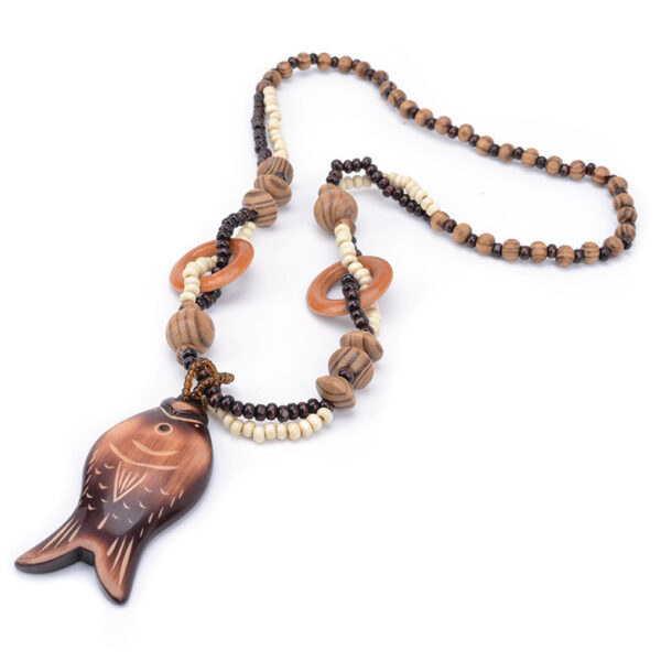 Wooden beaded Lucky Fish Pendant Necklace