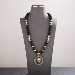 Men’s Bead Necklace with Lion Head Pendant