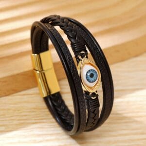 Protective Eye Black Leather Bracelet (Gold)
